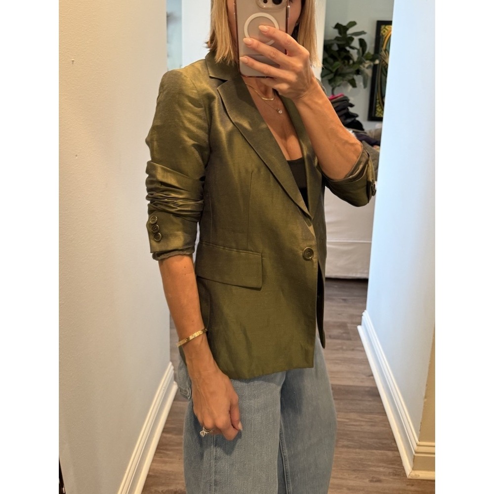 Vintage Emanuel Ungaro‎ Green Iridescent Linen Blend Blazer Jacket Sz 2